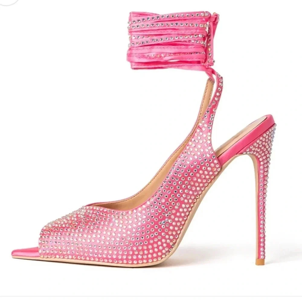NIB CULT OF COQUETTE KIM PINK SATIN CRYSTAL OPEN TOE 4.5” HEELS SHOES SIZE 10